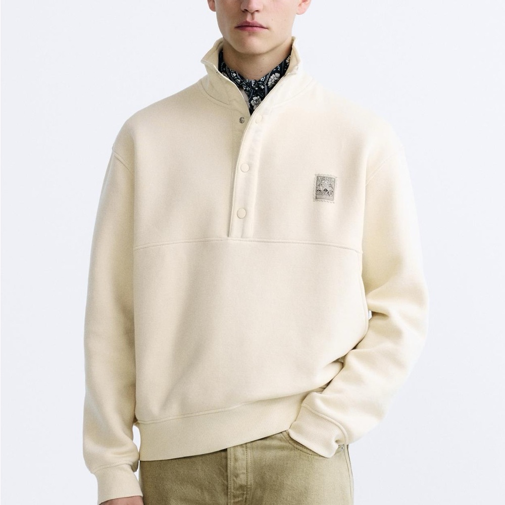 New Zara Men Cream Sweatshirt Sweater Button Top Pullover S ERCU